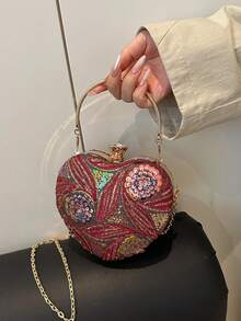 Shiny Handbag Evening Clutch, Heart-Shaped Sequin Closure, Metal Chain Strap, Wallet, Gift For Women, Suitable For Holidays, Parties And Banquets - Red - View 3