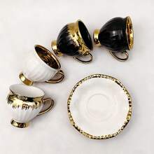 Keramik Runde gepunktete Untertasse & Tasse Set, handgemalt in Gold, Weiß, Schwarz, gesund für Kaffee & Wasser, Heimdekoration, Party Keramik Tasse & Untertasse Geschenkset - Verschiedenfarbig - Übersicht 2