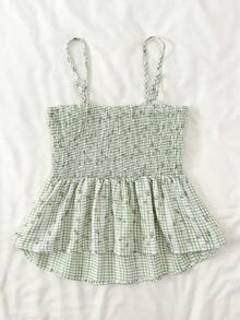 女士吊带背心，适合夏季度假、毕业典礼、婚礼、返校等场合，格子花卉蕾丝印花复古风格，可爱休闲夏日风，甜美浪漫乡村风，宽松版型，下摆宽松系带吊带背心。 - 薄荷綠 - 查看 2