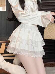 女士夏季蕾丝休闲多层蓬蓬裙，纯真甜美少女风迷你裙 - 杏色 - 查看 6