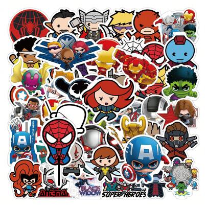 Marvel 50pcs Superhero Cartoon Q-Version Sticker, Suitable For Comic Character Stickers On Laptops, Water Bottles, Skateboards, Notebooks, And Party Gifts.