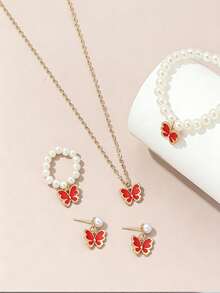 1 Set Fashionable & Sweet Butterfly Jewelry Set, Versatile For Daily Wear - Red - View 5