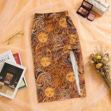 Chân váy đi biển phong cách Bohemian thắt eo, họa tiết in toàn thân, thích hợp cho nữ, kiểu dáng mùa hè. - Màu Khaki - Xem 2