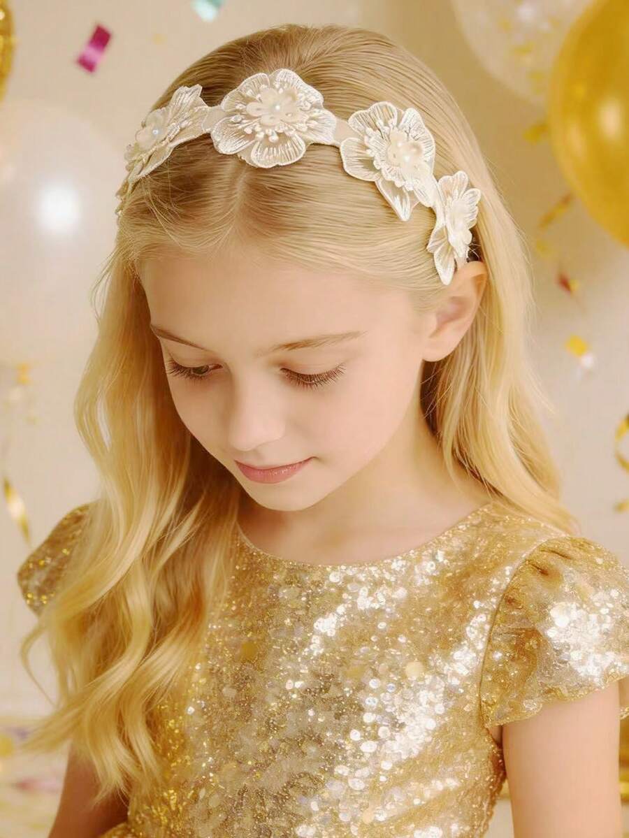 Angel Neitiri Elegant White Lace 7-Flower Pearl Headband, Suitable For Parties, Birthdays And Daily Wear - Dusty Pink - View 1