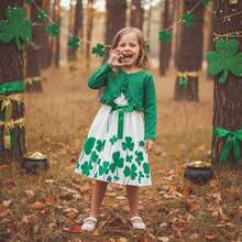 Baby Girls 2Pcs Irish Outfits Sleeveless Shamrock Print Dress + Long Sleeve Cardigan Set Toddler Clothes - 綠色 - 查看 6