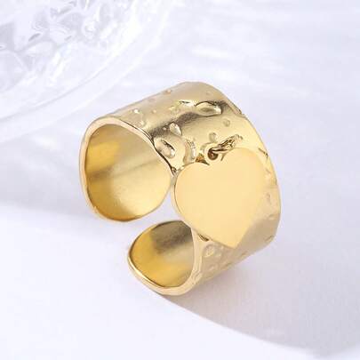 1pc Stainless Steel Textured Heart Shaped Adjustable Open Ring, Fashionable & Personalized Couple Rings