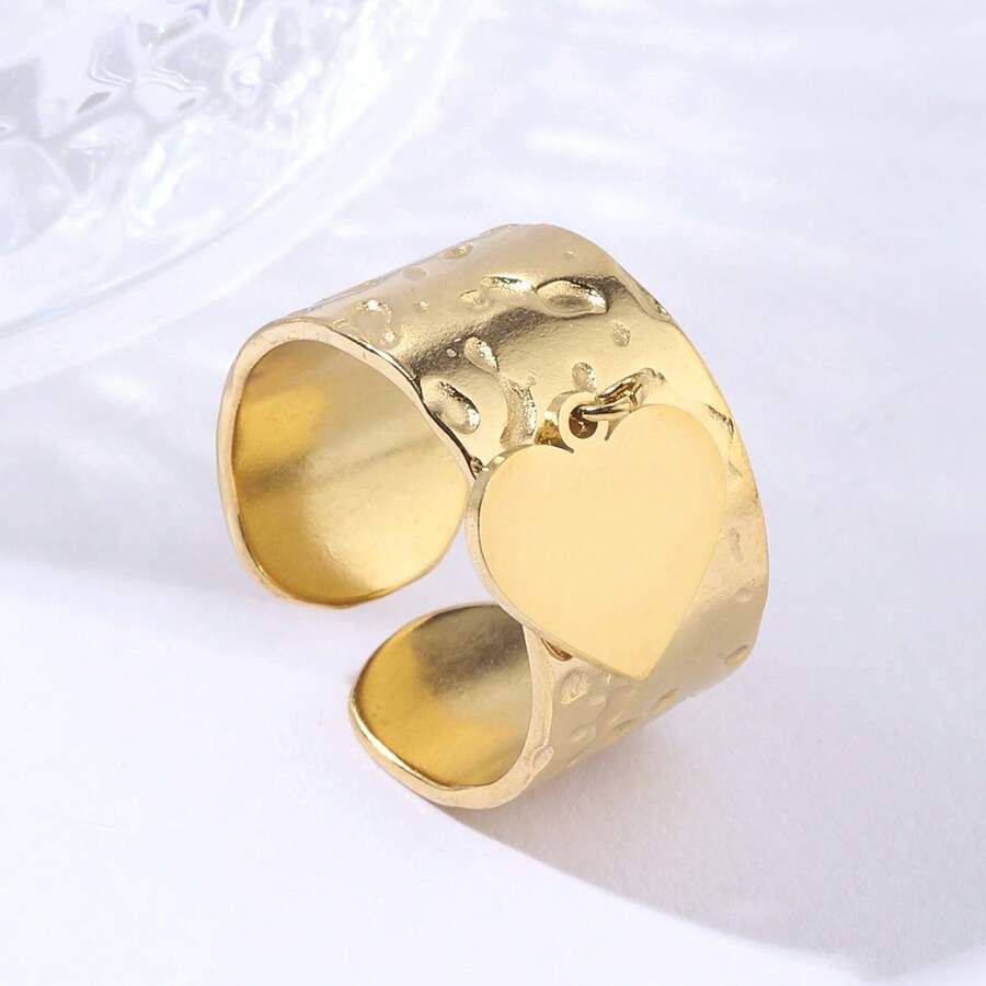 1pc Stainless Steel Textured Heart Shaped Adjustable Open Ring, Fashionable & Personalized Couple Rings - Gold - View 1