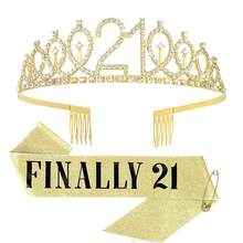Gold Finally 21 Birthday Crown And Sash Kit For Women Girls, Bling Rhinestone Tiara Combo, Ideal 21st Birthday Present & Decorations For Her - 1 - Xem 1