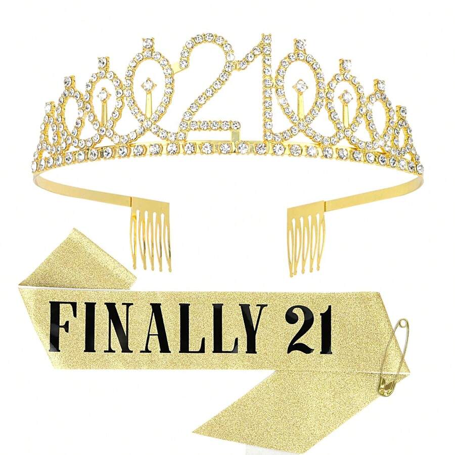 Gold Finally 21 Birthday Crown And Sash Kit For Women Girls, Bling Rhinestone Tiara Combo, Ideal 21st Birthday Present & Decorations For Her - 1 - Xem 1