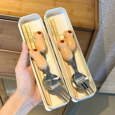Ins Style Capybara Spoon Chopsticks Set Box, High-Quality Portable Cutlery Set Of 4 Pieces For Students And Adults