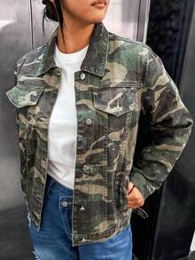 Women's Y2K Camouflage Long Sleeve Loose Denim Jacket - Army Green - View 2