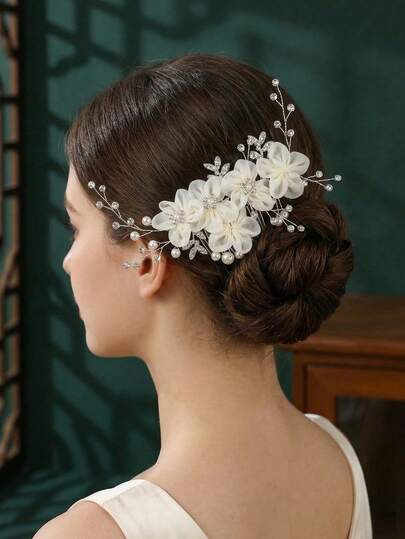 1pc Elegant Chiffon Flower Decor Bridal Hair Comb, Adorned With Pearls And Rhinestones, Graceful Wedding/Party Hair Accessory