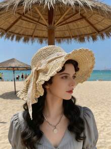 1顶女士宽檐沙滩草帽，夏季度假防晒帽，编织蕾丝饰边，柔软可折叠轻便沙滩遮阳帽，多功能宽檐可折叠草帽 - A - 查看 6