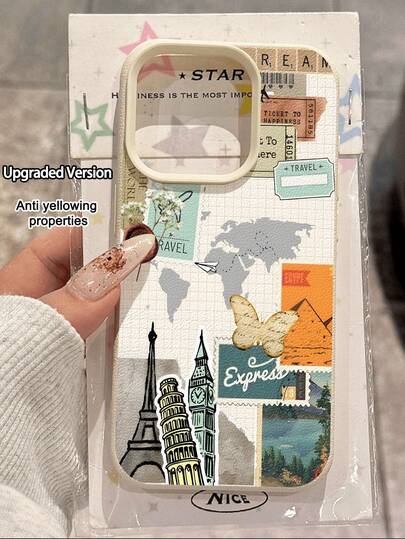 1pc Fashion Travel Collage Eiffel Tower & Butterfly Pattern Litchi Texture Shockproof Anti-Slip Soft Phone Case Suitable Compatible With Apple, , Phones