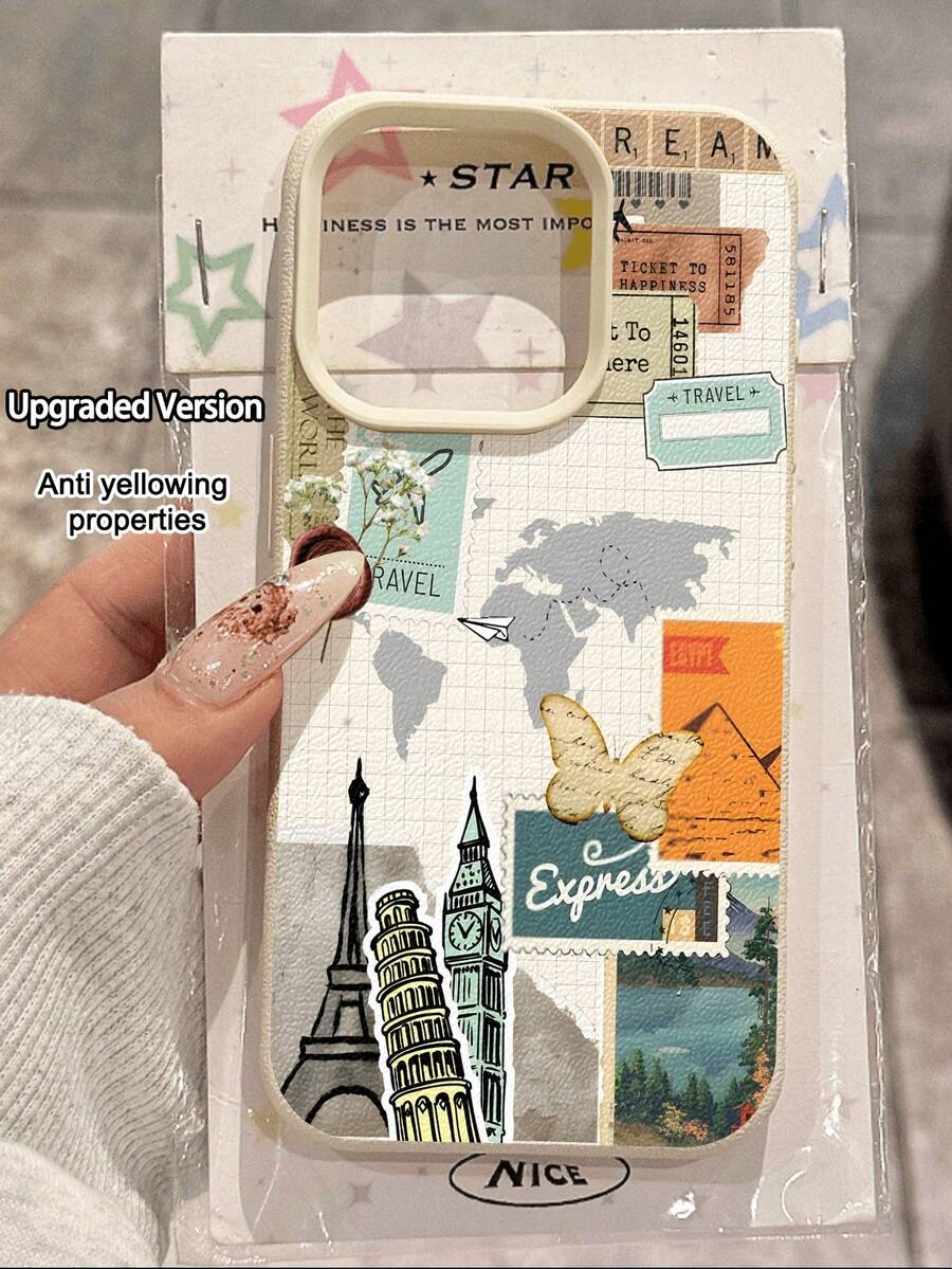 1pc Fashion Travel Collage Eiffel Tower & Butterfly Pattern Litchi Texture Shockproof Anti-Slip Soft Phone Case Suitable Compatible With Apple, , Phones - Multicolor - View 1
