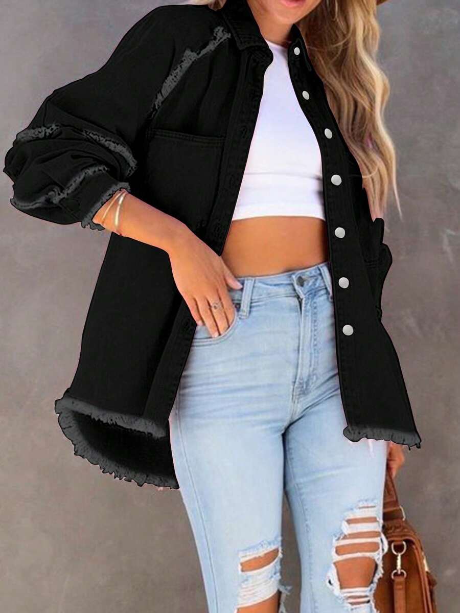 Frayed Hem Fashionable Loose Fit Pink Denim Jacket Vacation Casual Spring Black