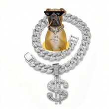 2pcs Luxury Pet Collar, Dog Necklace Hip-Hop Cuban Chain Design, Fashion Dollar Pendant With Rhinestones Alloy Material, Adjustable Comfortable Pet Necklace - Multicolor - View 4