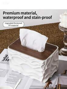 大容量简约创意桌面纸巾盒，塑料材质，适合客厅使用，配有木质盖子 - 彩色 - 查看 3