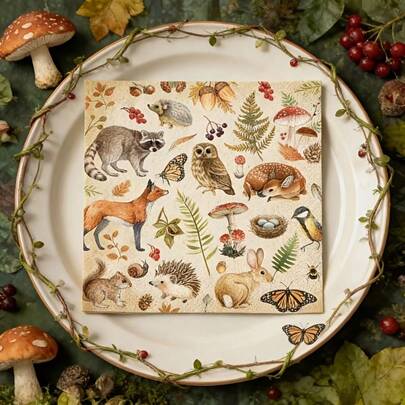 20pcs/40pcs/60pcs,Woodland Animal Party Decoration Napkins Mushroom Forest Pattern Disposable Paper Tissues For Wedding Babe Shower Birthday Supplies,Vintage Animal Paper Napkins Fox Squirrel Rabbit Mushroom Luncheon Dinner Tissues 13*13inch