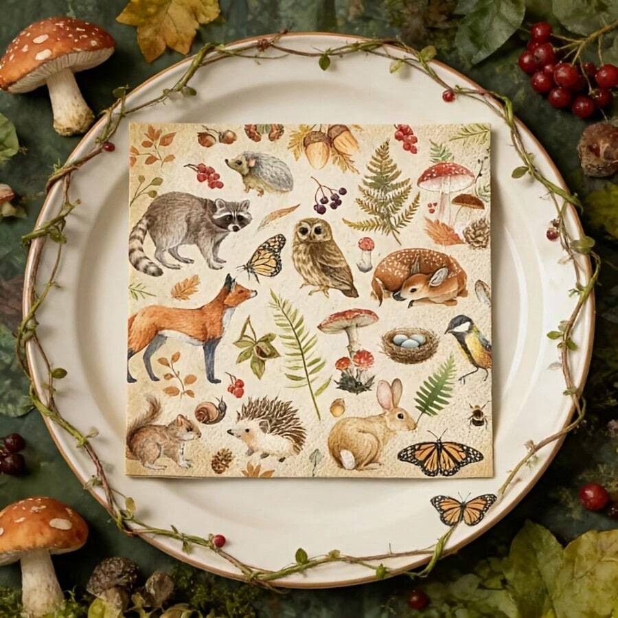 20pcs/40pcs/60pcs,Disposable Napkins With Forest Animal Themed Decor & Mushroom Pattern, Suitable For Weddings, Parties And Birthday Gatherings, Retro Animal Pattern Napkins (Fox, Squirrel, Rabbit, Mushroom), Size 13*13 Inches - View 1