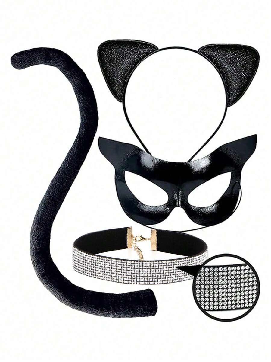 Black Cat Themed Accessories, Glitter Mask Cat Ears, Adult Halloween Cat Ears & Tail Set With Rhinestone Collar - Black - View 1