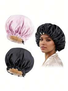 2件装缎面丝绸卷发睡帽，编织睡帽，可调节大号双层女士睡帽 - 顏色 - 查看 8