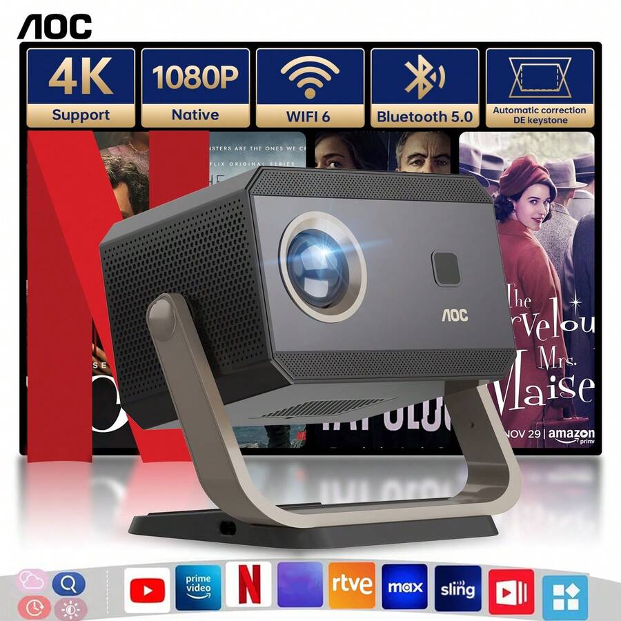 AOC Portable Projector Full HD 4K/1080p, Auto Focus, Auto Keystone Correction, Adjustable Angle, Wi-Fi 6 & Bluetooth, 15000 Lumens, Compatible With IOS/Android/PC For Work And Gaming