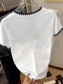 Camiseta de mujer casual de manga corta con cuello redondo y estampado de corazones a rayas - Multicolor-10 - Ver 2