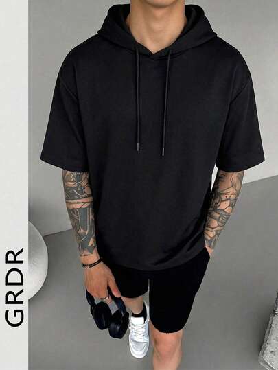 GRDR Men's Casual Versatile Solid Color Drawstring Hooded Short Sleeve T-Shirt, Suitable For Leisure, Sports And Outdoor Wear