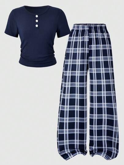 2pcs Women's Casual Homewear Set, Solid Color Fitted Round Neck Half-Open Short Sleeve Top + Plaid Print Pants Pajamas Set, Elastic Waistband Design, Easy To Wear, Soft & Comfortable Fabric, Spring/Summer Style, Daily Casual Loungewear