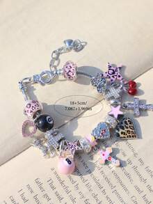 1pc Pink Leopard Print Cross Charm Bracelet, Pink Leopard Heart Bracelet, Pink 8 Ball DIY Bracelet, Leopard Leopard Bracelet, Cherry Cross Bracelet - Silver - View 10