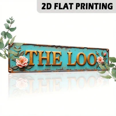 1 件复古“厕所”金属墙牌 - 农舍浴室装饰，绿色背景，玫瑰和叶子图案，尺寸 3.9 x 15.7 英寸（长 15.7 英寸）。绿色叶子和玫瑰设计 - 安装简便，无需工具/电力，适用于入口或走廊，2D 平面