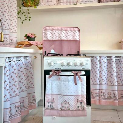 Sakura Enxovais Kit Decoração Para Fogão de 4 bocas Estampa Digital Coleção Casinhas Rosê