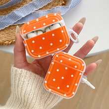 橙色波点双面全印花设计，带1个白色圆形按钮，兼容苹果4代蓝牙耳机盒，也适用于Pro 2/Pro 3/第三代耳机保护盒（不含耳机） - 橘色 - 查看 4