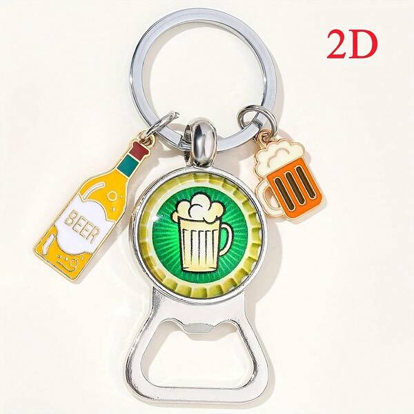 1个啤酒瓶及开瓶器钥匙扣 - 三合一设计，包含啤酒杯、瓶盖和“干杯”字样钥匙圈 - 耐用金属钥匙扣，适合啤酒爱好者，休闲风格，是送给朋友、家人或聚会的理想礼物。