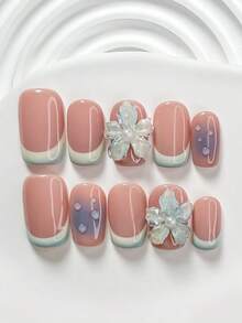 Bộ 10 móng tay acrylic kiểu Pháp thanh lịch, móng giả acrylic dán, được chạm khắc thủ công với họa tiết hoa chuyển màu trắng ngọc trai, màu đơn sắc giọt nước, sơn móng tay màu xanh chuyển sắc, phù hợp cho sử dụng hàng ngày, dự tiệc, chụp ảnh, đi làm vào mùa xuân và mùa hè. - Nhiều màu - Xem 15