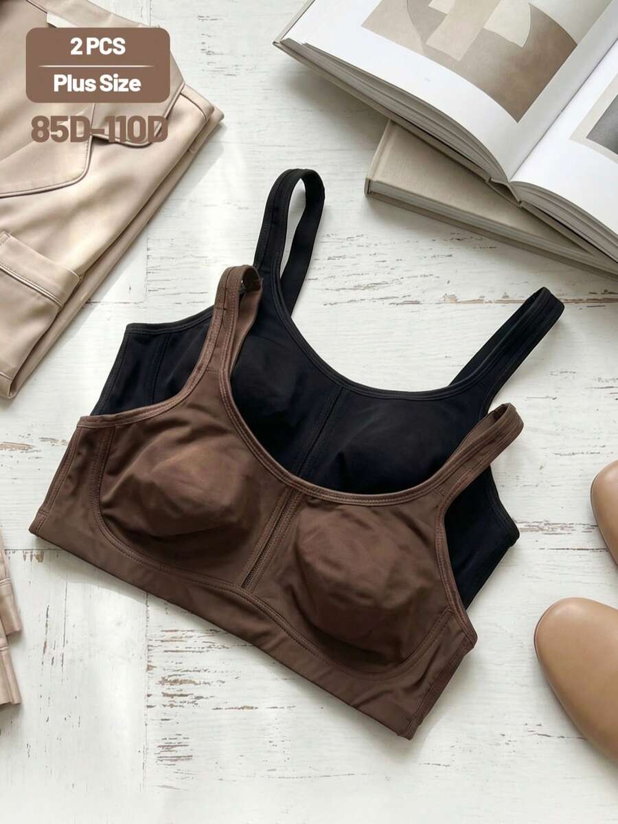 2pcs Plus Size Wireless No Padding Thin Bralette Daily Wear Seamless Comfort Bra(85D-110D) - Multicolor - View 1