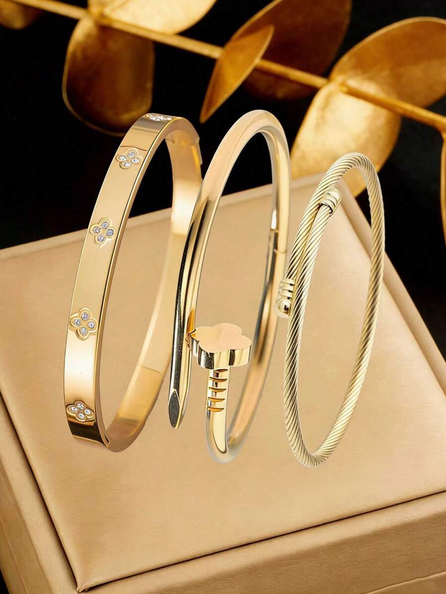 1 set Bracelet et bijoux en acier inoxydable mode polyvalent avec fleur et trèfle à quatre feuilles ornés de strass, convient pour un port quotidien, cadeau - Or jaune - Voir 1