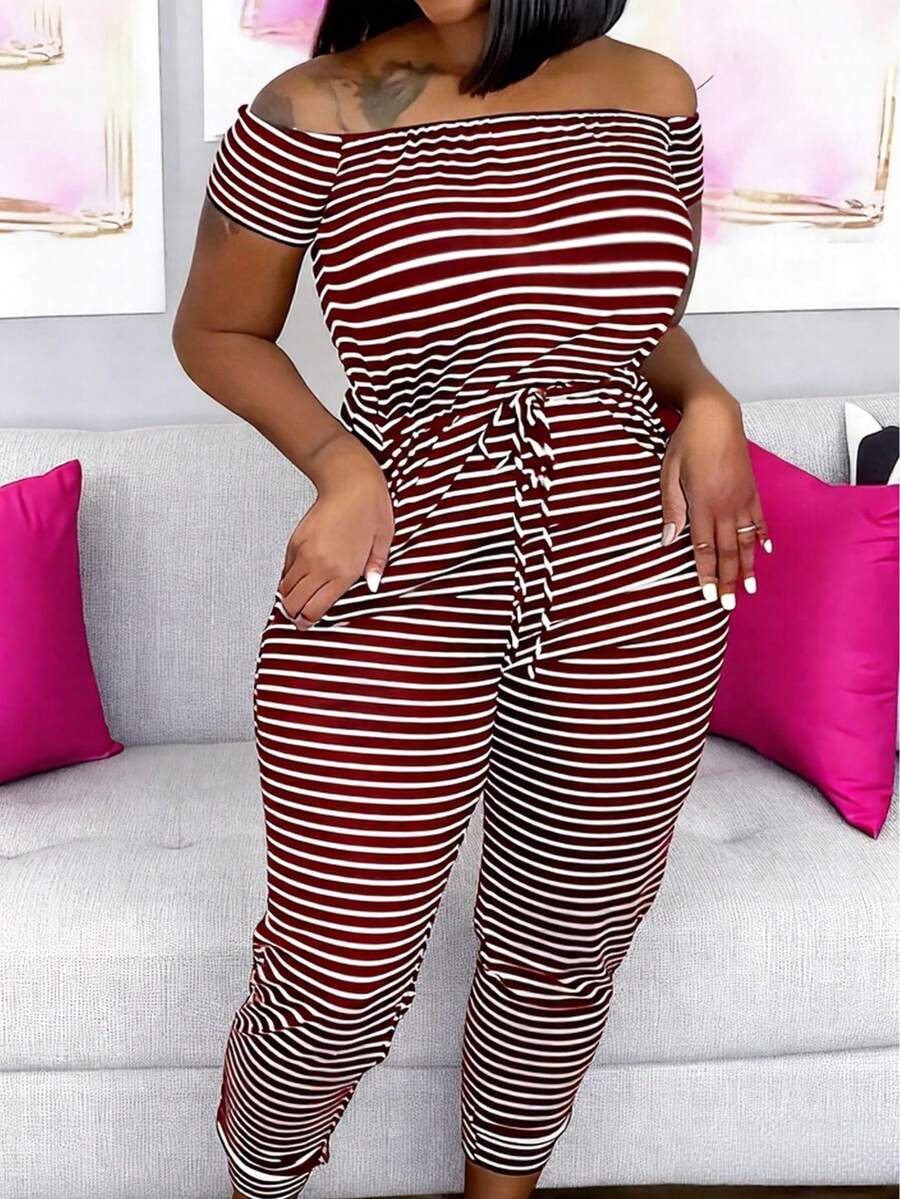 Bộ jumpsuit nữ kẻ sọc tối giản, kiểu dáng trễ vai, thích hợp mặc hàng ngày vào mùa hè, thanh lịch. - Gỗ đỏ - Xem 1