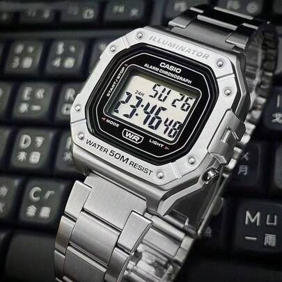  Casio W-218HC Milky White Square Digital Watch 50M Waterproof LED Light Multifunctional Student Sports Wristwatch