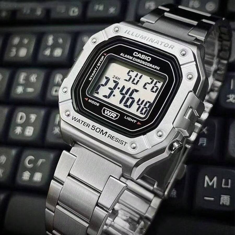 Casio 卡西欧 W-218HC 乳白色方形数字手表 50米防水 LED灯 多功能学生运动腕表 - 均碼 - 查看 1