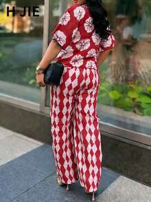 女士红色短袖V领花卉几何印花上衣搭配同色系阔腿裤，波西米亚休闲两件套，新年夏季度假穿搭 - 紅白色 - 查看 2