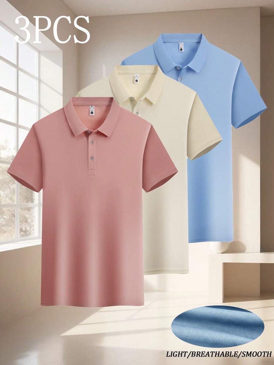 3件套男士时尚百搭夏季polo衫，透气舒适短袖上衣，休闲商务polo衫，户外运动吸湿排汗T恤 - 彩色 - 查看 1