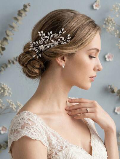 1件手工珍珠水晶新娘发梳，浪漫花叶造型发饰，优雅婚礼/正式场合发饰