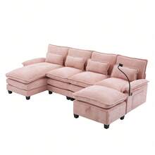 106" U-Shaped Sectional Sofa Cloud Couch For Living Room, Upholstery Comfy Modular Sofas, 4 Seat Chenille U-Shaped Sleeper Sofa, High-Density Sponge Filling, With Chaise Lounge, Ottoman & Pillows(Navy) - 粉色 - 查看 11