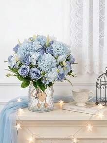 1 Buquê de Hortênsias Artificiais de Seda com Rosas Falsas para Casamento no Outono, Vaso para Decoração de Casa, Sala de Jantar, Quarto, Acessórios para Festas de Aniversário e Jardins Externos. - Baby Azul - Ver 6