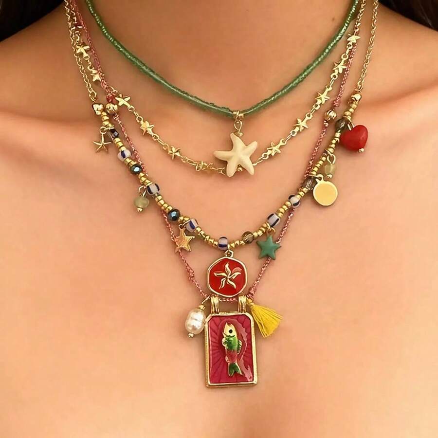 Colorful Cord Beaded Necklace With Rice Beads, Starfish, And Small Fish - Dopamine-Inspired High-End Multi-Layer Necklace - 項鍊-4件套 - 查看 1