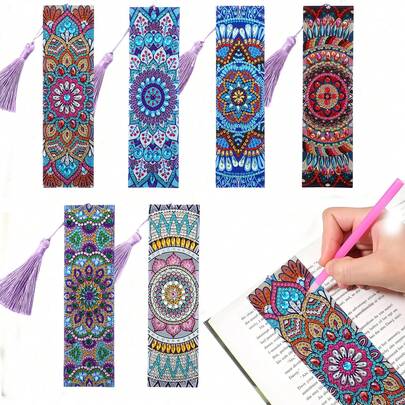 1件装钻石画书签套装，曼陀罗花卉图案，PU皮革材质，镶嵌异形钻石，适合标记书籍，返校季礼物，感恩节礼物