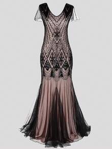 20世纪20年代女士晚礼服 短袖 爵士时代鸡尾酒会亮片美人鱼长款正式礼服 - 粉色 - 查看 1