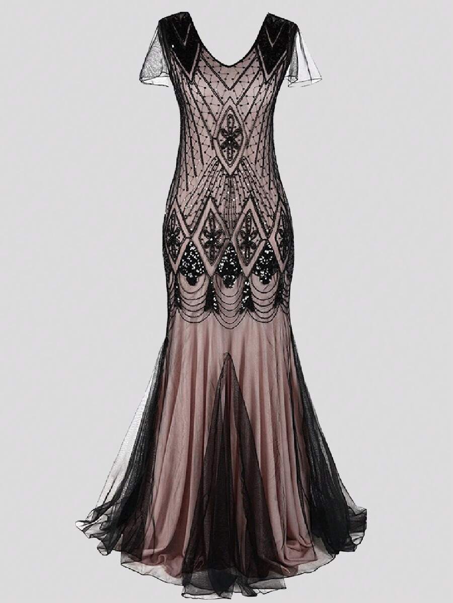 20世纪20年代女士晚礼服 短袖 爵士时代鸡尾酒会亮片美人鱼长款正式礼服 - 粉色 - 查看 1